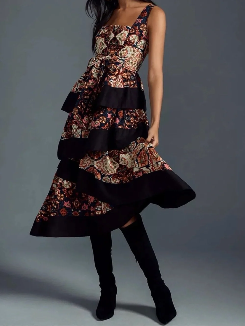 Anthropologie Black Tiered Midi Dress with Multicolor Floral Patchwork - Picture 1 of 7